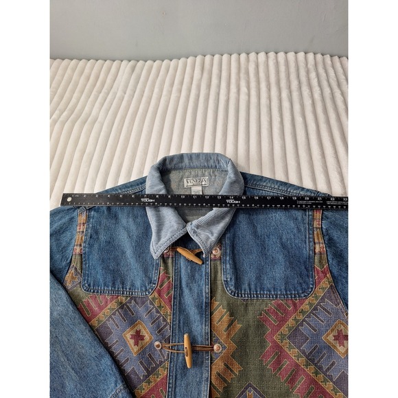 Vtg Denim Corduroy Collar Chore Barn Field Jacket Womens 26/28 Blue Aztec Tribal - Picture 7 of 14